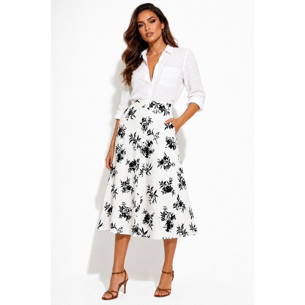 41 Hawthorn Phoenix Skirt White Black Floral Button Front Midi Skirt Size M NEW